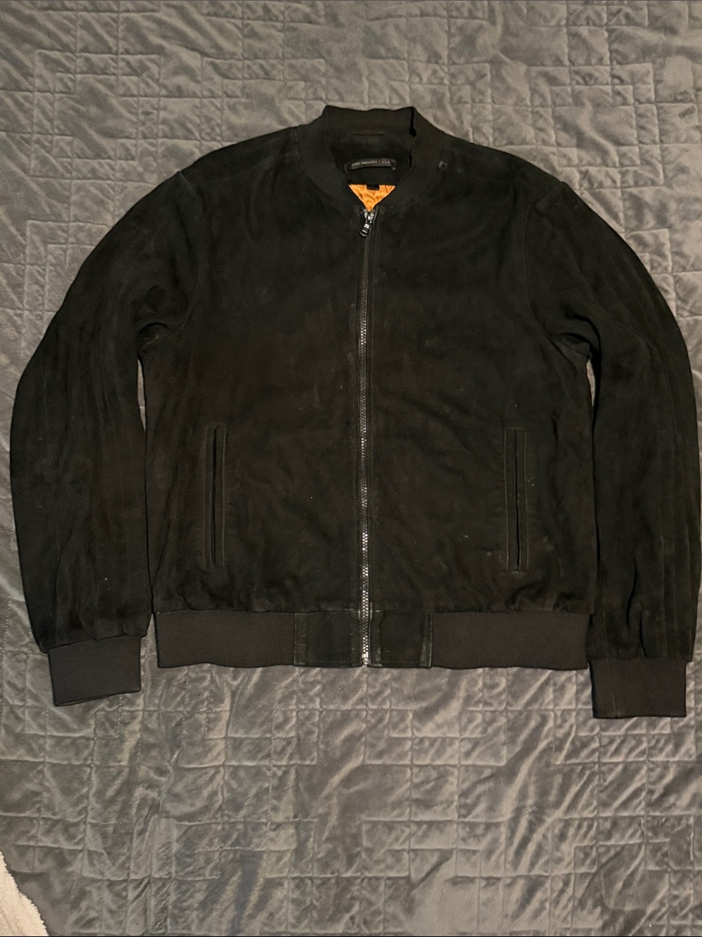 John Varvatos Black Suede Bomber Jacket with Orange Lining
